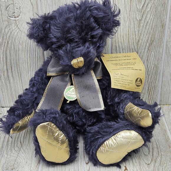 Vintage Hermann Annual Bear 1997 Golden Blue Mohair Teddy Made in Germany Plush - Picture 1 of 15